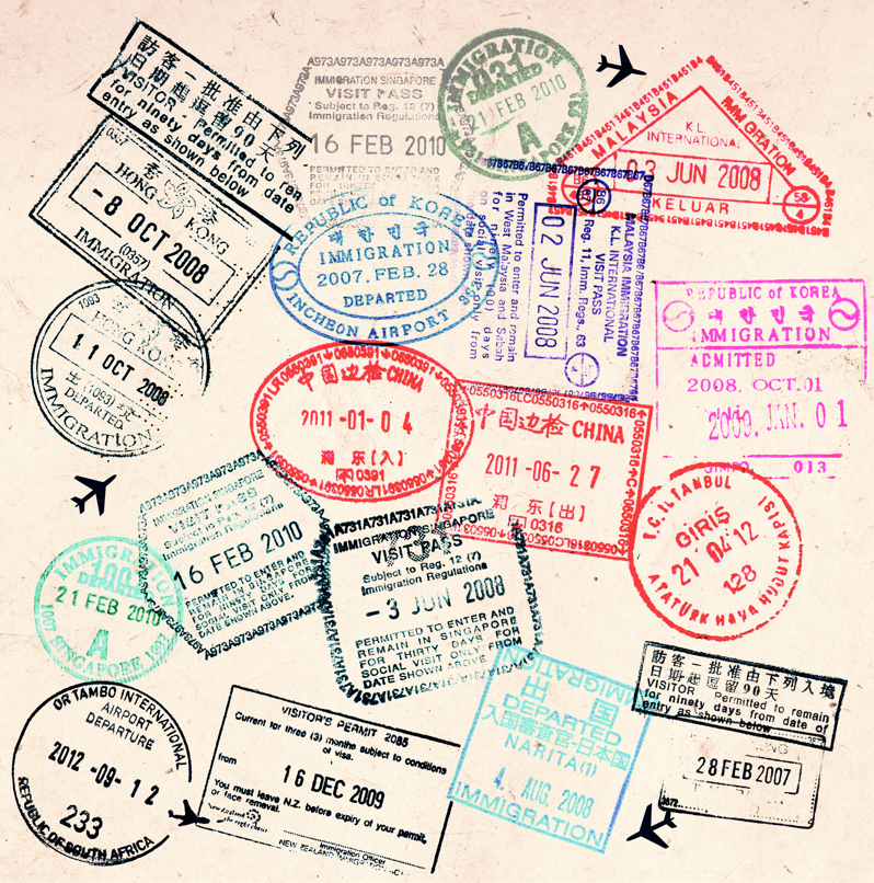 Image of passport page with variety of stamps
