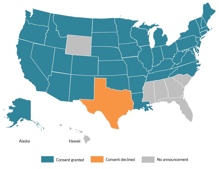 Map of state consent or lack of consent for refugee resettlement